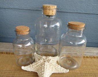 Vintage Glass Storage Jars with Cork Lids, Vintage Jar, Pantry Storage Jars, Glass Display Jars, Set of 3