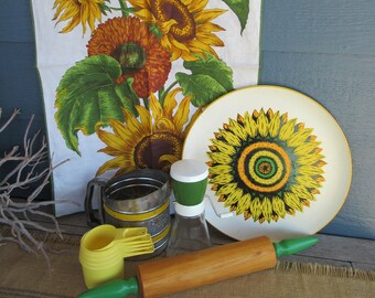 Vintage Rustic Kitchen Lot, Retro Kitchen Ware, Care Package, Sunflower Tea Towel and Platter, Flour Sifter and Nut Grinder