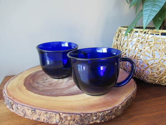 Vintage 90's Cobalt Blue Glass Coffee Mugs, Blue Glass Mugs, Large