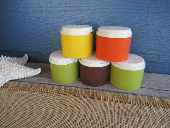 Vintage 70's Tupperware Spice Jars, Stackable Plastic Spice Jars, Green,  Yellow, Orange, Brown, Set of 5 