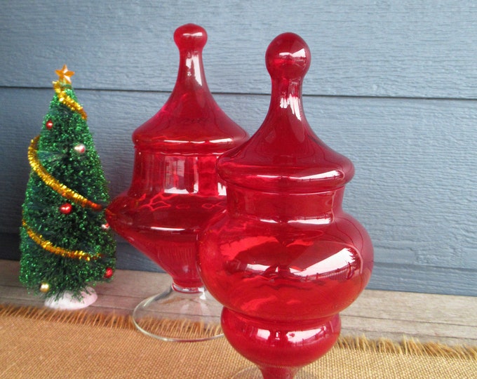 Vintage Red Glass Display Jar, Pedestal Candy Jar, Holiday Decor, Set