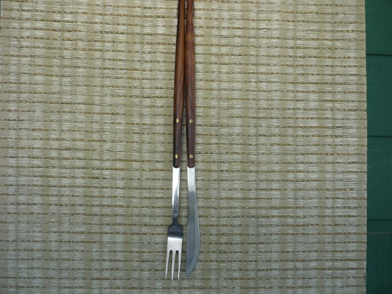 Retro BBQ Accessory Set of Vintage Wood and Stainless Carving Set Mid Century Modern