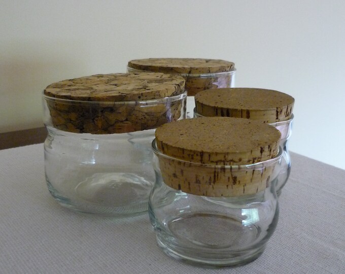 Set of 4 Vintage Glass Jars With Cork Lids, Storage Jars, Clear Glass