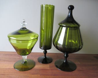 Vintage Art Glass Vase and Covered Pedestal Jar, Empoli Glass, Collectible Mid Century Modern Art Glass, Olive Green Glass Decor