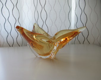 Vintage Amber Art Glass, Art Glass Dish, Collectible Mid Century Modern Art Glass, Amber Glass Home Decor