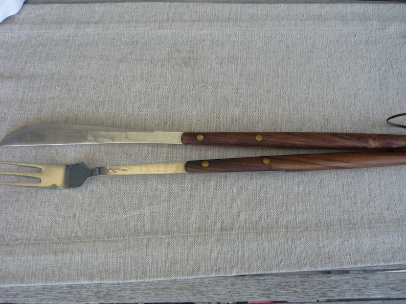 Retro BBQ Accessory Set of Vintage Wood and Stainless Carving Set Mid Century Modern