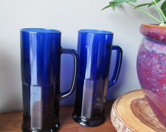 Vintage Cobalt Blue Beer Mugs, Libbey Tall Glass Mug, Set of 2, Large Oversized Mug, Gift for Couple