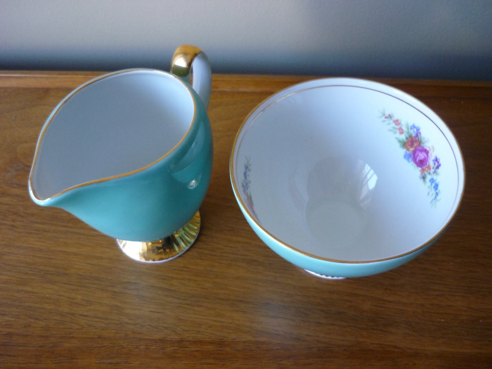 Vintage Bone China Sugar and Creamer Set Turquoise and Floral Etsy