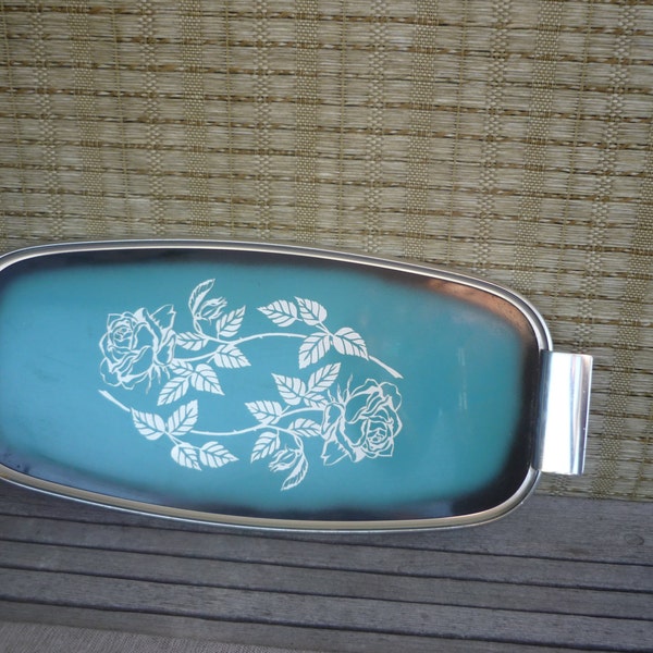 Vintage Metal Chrome Serving Tray, Turquoise Tray with Silver Etched Rose Detail