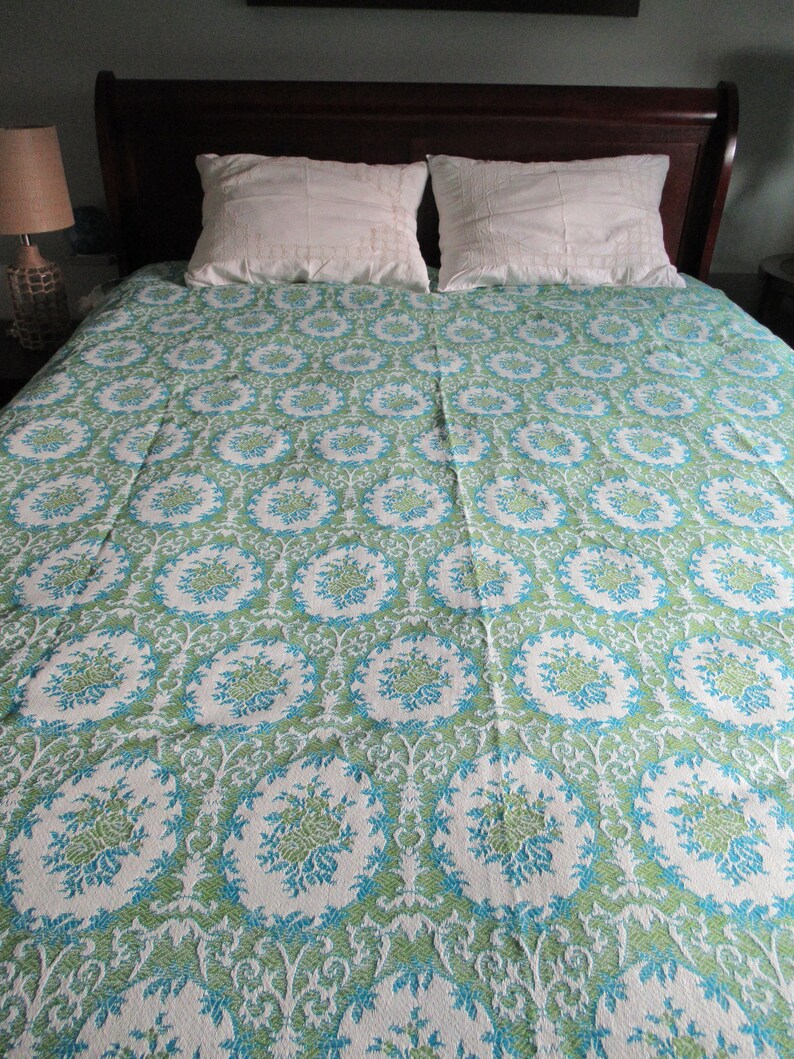 Vintage Turquoise Tapestry Bedspread Twin Bed Cover Fringed Etsy