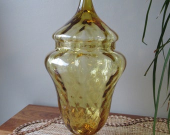 Vintage Glass Pedestal Candy Jar, Collectible Art Glass, Mid Century Modern Amber Glass Jar