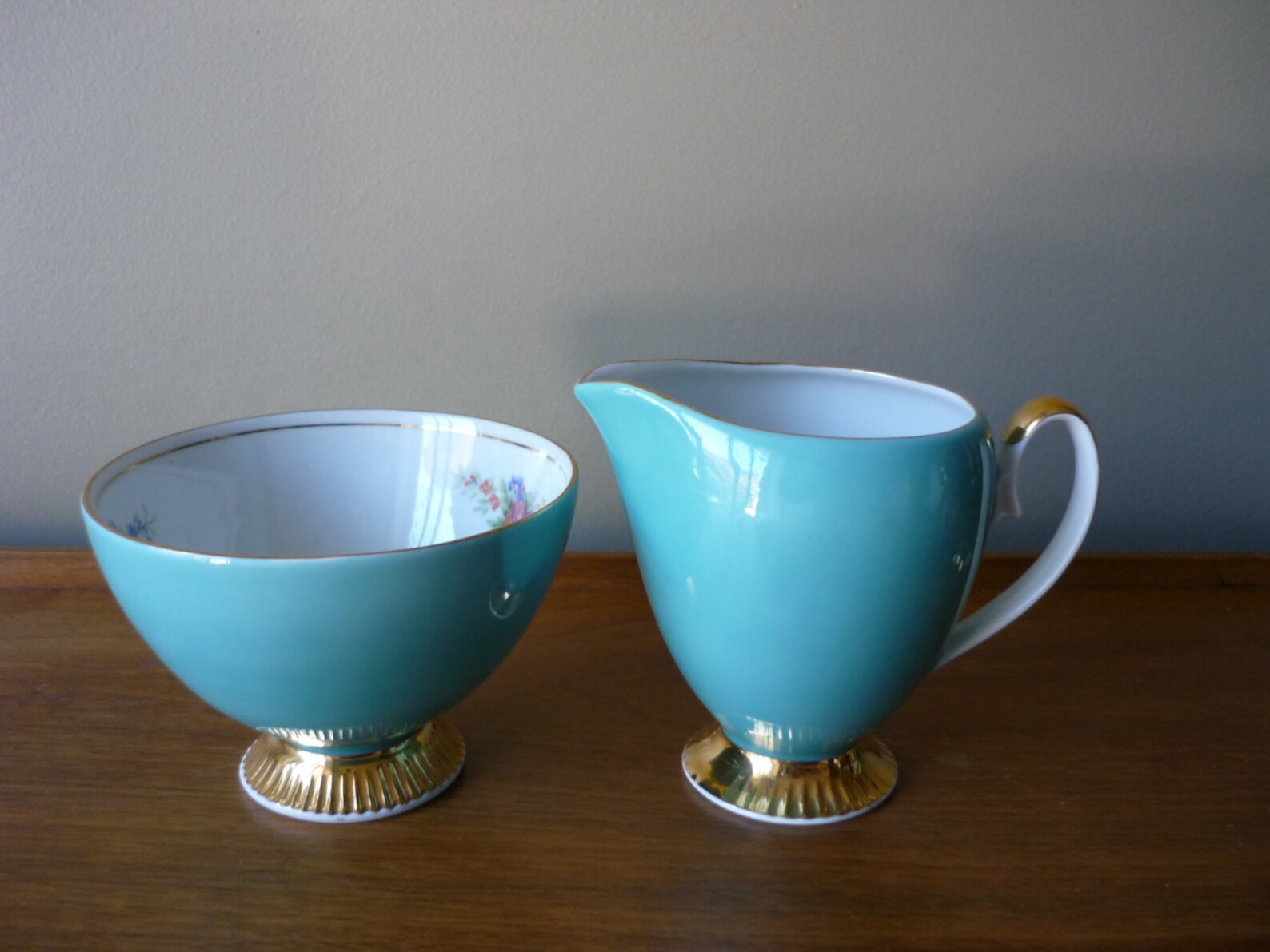 Vintage Bone China Sugar and Creamer Set Turquoise and Floral Etsy