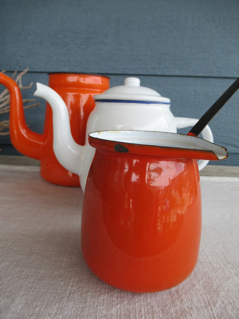 Set of 3 Vintage Metal Enamel Teapots and Ladle Pot Rustic Etsy