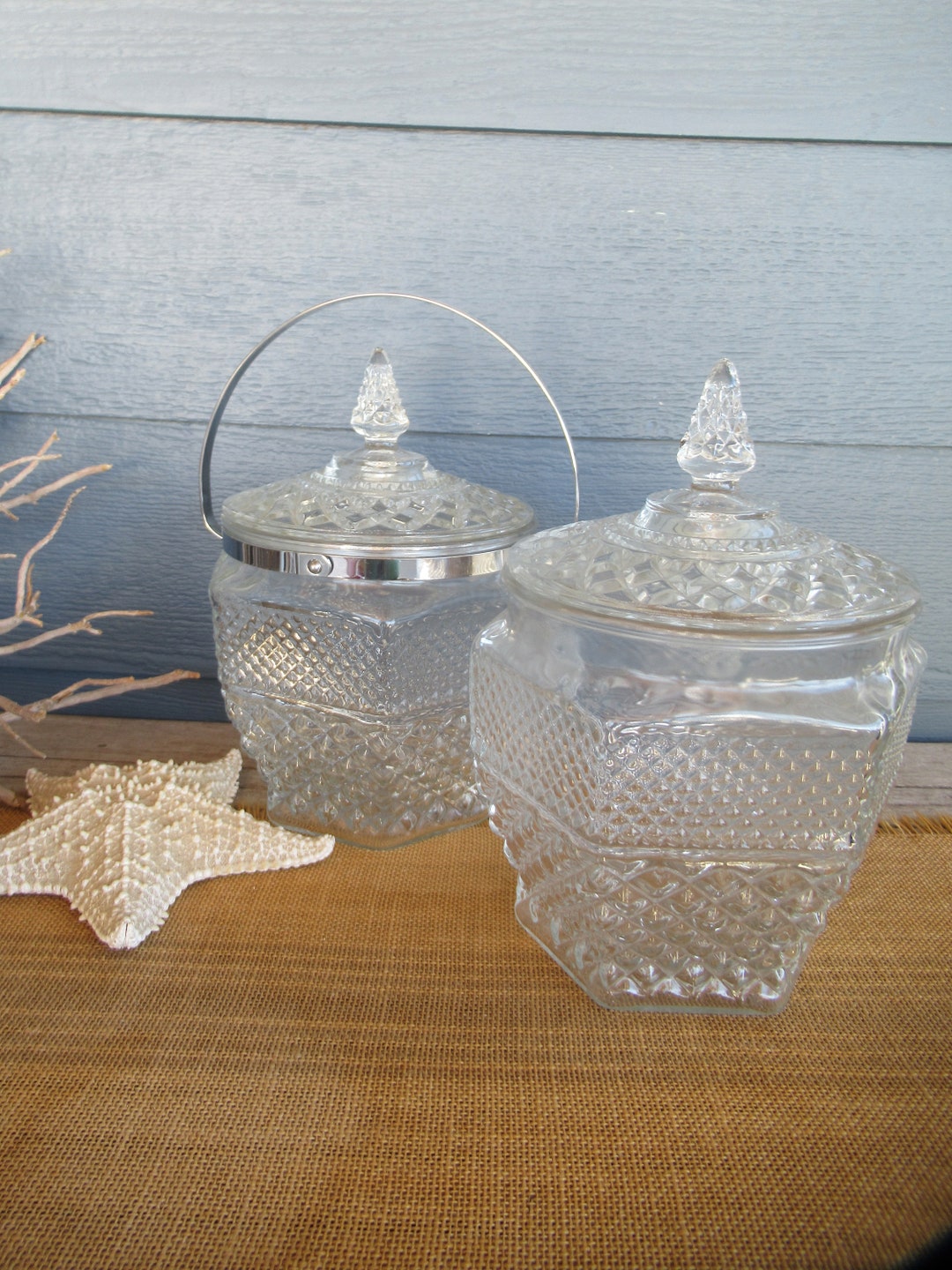 Vintage Cut Glass Ice Bucket, Retro Glass Ice Bucket, Chrome Handle