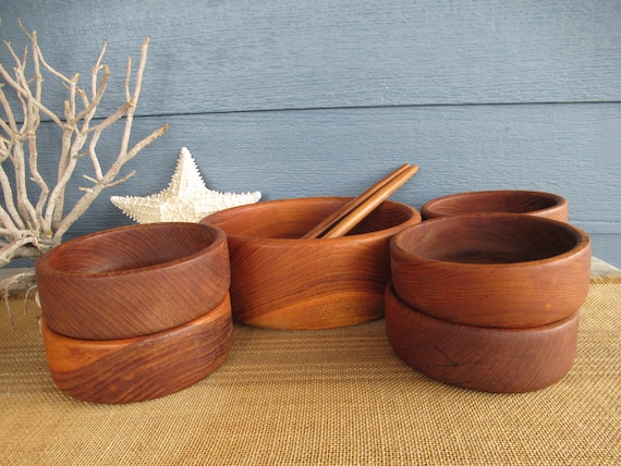 Vintage teak salad bowl set clearance