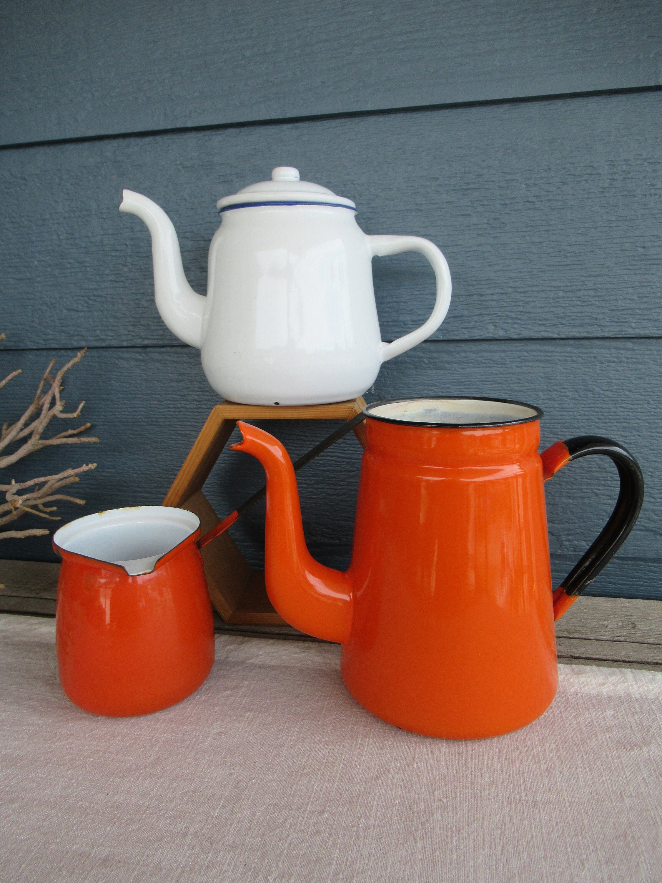 Set of 3 Vintage Metal Enamel Teapots and Ladle Pot Rustic Etsy