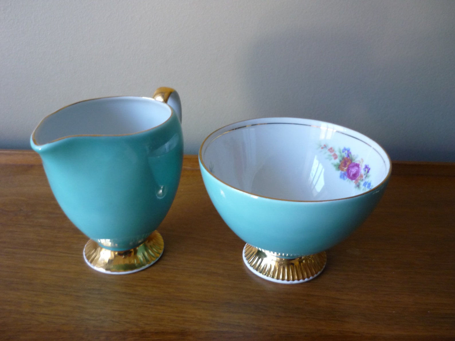 Vintage Bone China Sugar and Creamer Set Turquoise and Floral Etsy