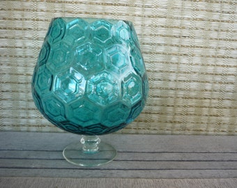 Vintage Collectable Optic Glass Footed Candy Bowl, Turquoise Glass, Geometric Pattern Art Glass