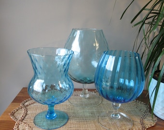 Vintage Art Glass Pedestal Jars, Empoli Glass, Collectible Mid Century Modern Art Glass, Light Blue/Aqua Glass Decor