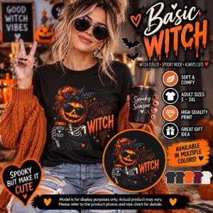 May include: A black t-shirt featuring a graphic of a skeleton with a pumpkin head wearing sunglasses and a polka dot headband, holding a coffee cup. The text reads Basic Witch, Spooky Season, and Witch Fueled. The design includes orange accents.