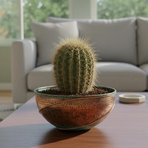 Op de afbeelding: Een ronde, groene cactus met scherpe stekels in een komvormige plantenbak. De plantenbak heeft een textuurrijke, koperkleurige metalen buitenkant met een donkere, verweerde patina-afwerking en een dunne, decoratieve draad rond het midden.