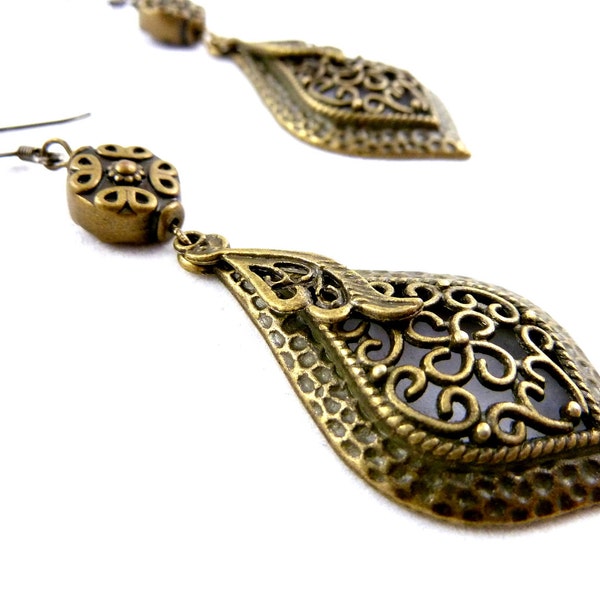 Brass Filigree Earrings - Victorian Dangle Drop with Wing and Art Deco Bead - Steampunk, Romantic, Jewelry, Jewellery, Pierced Ears