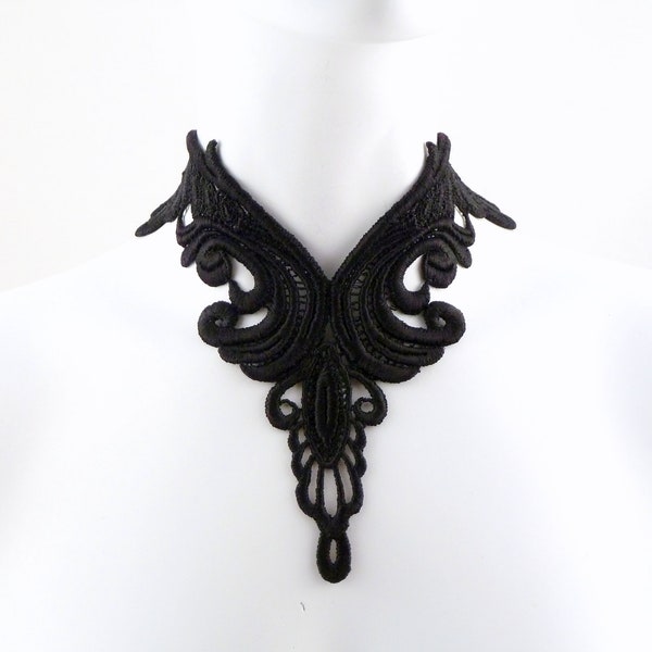 Plunging Black Bib Lace Choker Necklace in Victorian Style - Elaborate Dramatic Large Jewelry Statement Piece