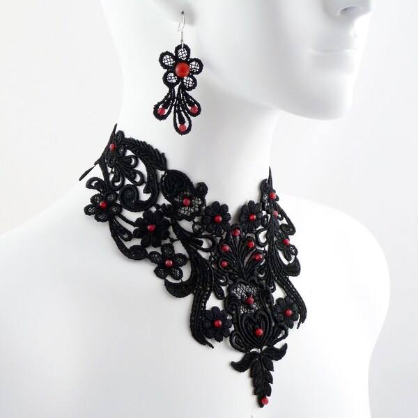 Jewelry Set Black Lace and Red Rubies Choker Necklace and Earrings - Victorian, Gothic, Wedding, Romantic, Burlesque, Dramatic
