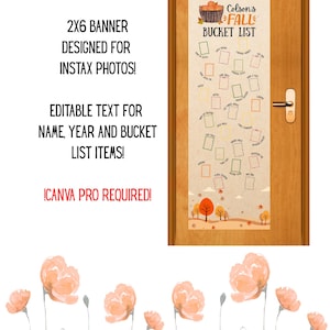 May include: A vertical 2x6 banner template featuring a fall-themed bucket list with a basket of apples at the top, the text Colson's FALL BUCKET LIST 2026, and multiple empty frames for photos, set against a light background with autumn trees.