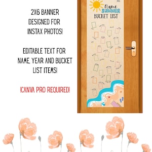 May include: A vertical 2x6 banner template featuring a summer bucket list design with a yellow sun, the text Name SUMMER BUCKET LIST 2026, and multiple empty rectangular frames for photos. The bottom shows a beach scene with sand, blue water, and a towel.