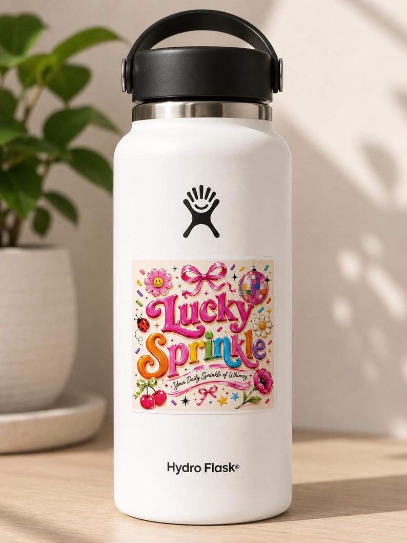 Lucky Sprinkle Logo Sticker | Colorful Retro Typography, Floral & Disco ...