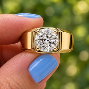 3 Ct Round Cut Lab Grown Diamond Signet Ring, Heavy Gold Band for Men, Bold Pinky Ring, Luxury Groom Wedding Band, Chunky Gold StatementRing