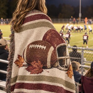 Red and Gold Football Woven Blanket | Retro Helmet Game Day Throw | Football Fan Gift