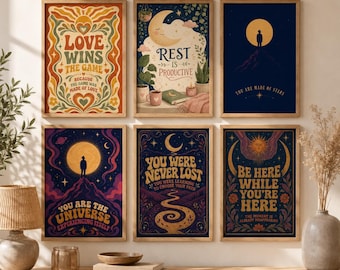 Conjunto de 6 láminas místicas celestiales 2:3, paquete de arte mural psicodélico hippie.