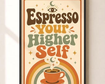 Decoración de pared con temática de café retro, conjunto de láminas de café espiritual, Espresso y el Ser Superior (descarga digital)
