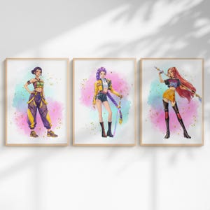 May include: Three framed digital art prints featuring stylized characters. The left shows a character in a green top and purple pants. The center shows a character in a yellow jacket and shorts holding a sword. The right shows a character in a black top and yellow skirt holding a staff.