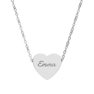 May include: A silver-toned necklace featuring a heart-shaped pendant with the name Emma engraved in a cursive script. The pendant is attached to a delicate link chain that extends upwards from both sides of the heart-shaped metal charm.