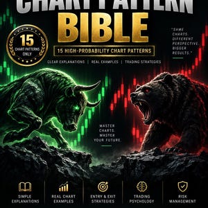 May include: A book cover titled The Ultimate Chart Pattern Bible featuring a green bull and a red bear facing each other over rocky terrain. The background displays rising and falling stock market candlestick charts with gold text and icons.