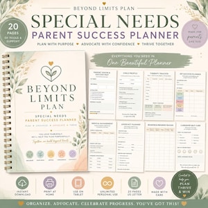 May include: A spiral-bound Special Needs Parent Success Planner with 20 pages of tools and support. The cover features a heart icon, botanical illustrations, and the text Beyond Limits Plan. Includes interior page layouts for tracking therapy, medical management, and IEP goals.