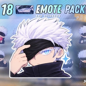 Puede incluir: Un paquete de emotes y pegatinas digitales con 18 ilustraciones de un personaje de pelo blanco con una venda negra y ojos azules. El texto dice 18 EMOTE PACK AND STICKERS, GOJO SATORU, AND BONUS. El personaje aparece en varias poses distintas.