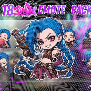 May include: A digital collection of 18 Jinx emotes featuring a character with long blue braided hair and pink eyes in various poses, including holding a large weapon, a heart, and sitting on a chest. The text 18 JINX EMOTE PACK is displayed.
