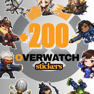 Pode incluir: Uma coleção de 200 adesivos de Overwatch com vários personagens em estilo chibi, incluindo Genji, Mercy, Junkrat, Torbjorn, Pharah, Soldier: 76, D.Va, Zenyatta, Hanzo e Lucio, dispostos em torno do texto +200 OVERWATCH stickers.