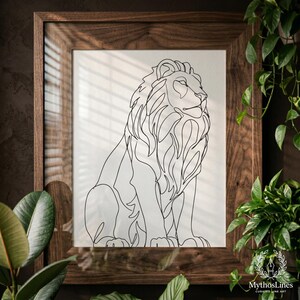 May include: A framed wall art print featuring a black single-line drawing of a lion on a white background. The artwork is encased in a dark brown wooden frame. The text MythosLines Curated Line Art is printed in the bottom right corner.