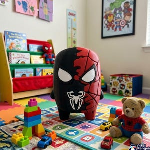 May include: A 3D-printed figure featuring a split design with a solid black side and a red side with a black web pattern. The figure has large white eyes and a white spider emblem on the chest. It stands on a colourful play mat with various toys.