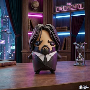 May include: A stylised vinyl figure of a man with long dark hair and a beard, wearing a dark suit with a white shirt and black tie. The figure has a serious expression and is positioned on a wooden surface in front of a bookshelf with a neon sign.