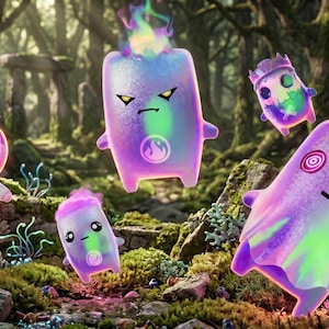 May include: Five small, glowing, iridescent creatures with purple and green hues are positioned in a forest setting. The figures have varied expressions, including spiral eyes, sharp yellow eyes, and simple black eyes, with some emitting light.