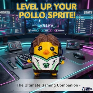 Op de afbeelding: Een geel kuikenfiguurtje met een zwarte headset inclusief microfoon en een wit, groen en zwart gaming-shirt. De tekst "LEVEL UP YOUR POLLO SPRITE!" staat bovenaan en "The Ultimate Gaming Companion -" staat onderaan.