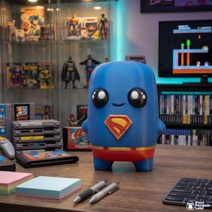 May include: A blue, rounded, 3D-printed figurine resembling a superhero with large black eyes, a small smile, and a red and yellow chest emblem. The figure features a red waistband and stands on two short legs, displaying a smooth, textured surface.