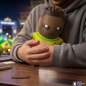 May include: A plush doll with dark skin, short textured hair, and a serious expression, wearing a yellow shirt with green trim. The doll features a 3D-printed texture on the head and torso, with white rectangular eyes and a small dark mouth.