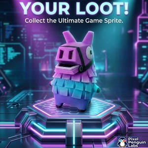 May include: A purple and blue llama-shaped figure with a black harness, standing on a hexagonal platform. The text reads YOUR LOOT! Collect the Ultimate Game Sprite. Pixel Penguin Labs is printed in the corner with a penguin icon wearing 3D glasses.